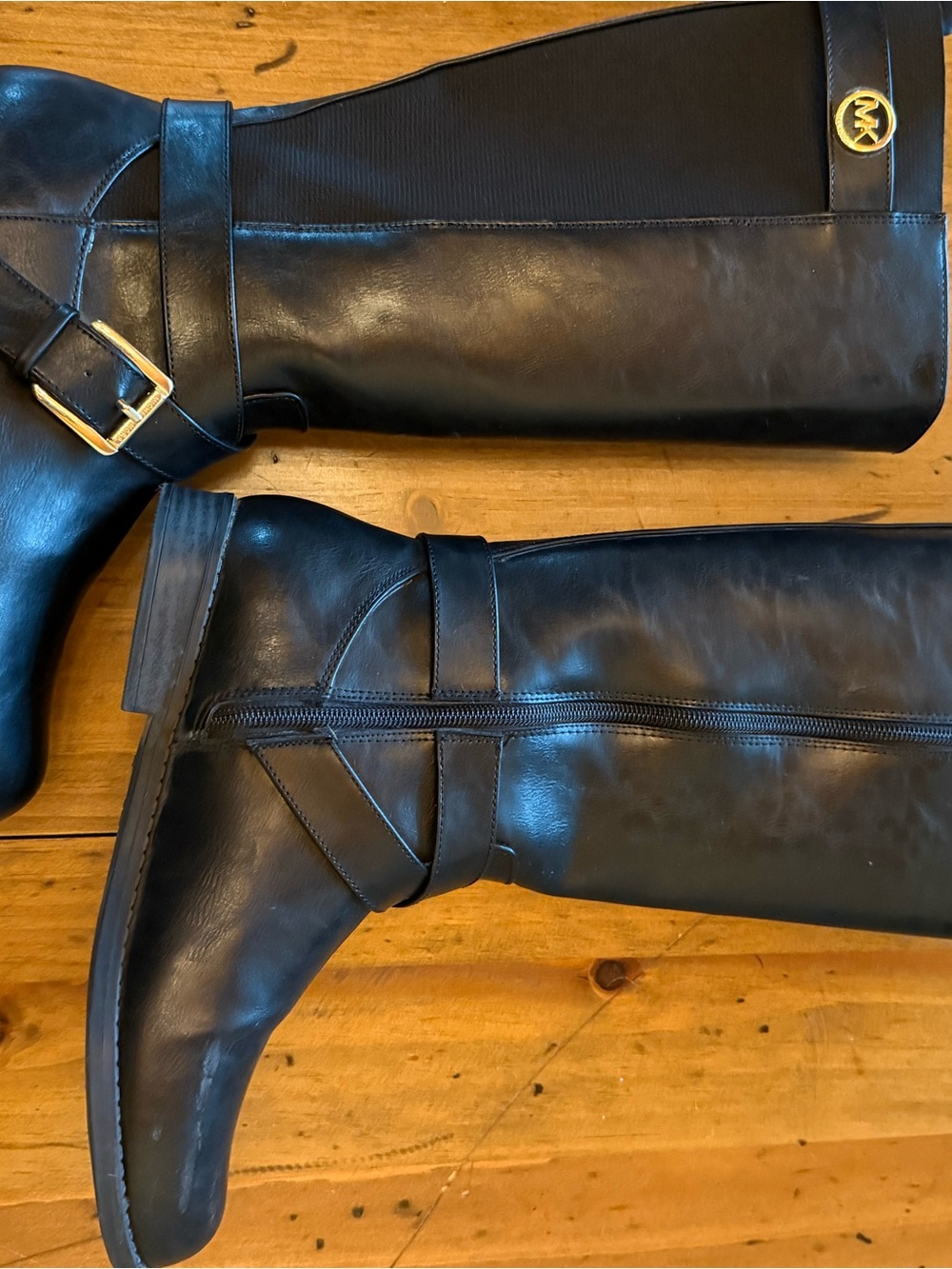 Michael Kors Black Tall Riding Boots Size 4 Gold MK Buckle - Picture 3 of 7